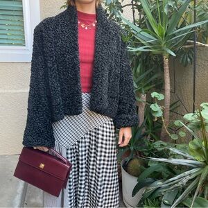 Vintage black astrakhan fur open front coat with pockets